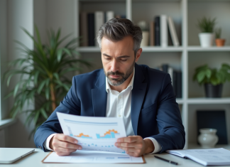 Prévisions inflation 2025 : tendance à la baisse confirmée ? Homme d affaires en costume dans son bureau moderne