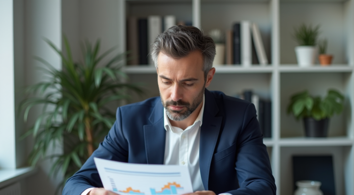 Prévisions inflation 2025 : tendance à la baisse confirmée ? Homme d affaires en costume dans son bureau moderne