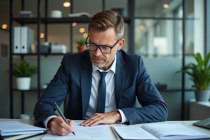 Homme d'affaires vérifiant des documents dans un bureau moderne