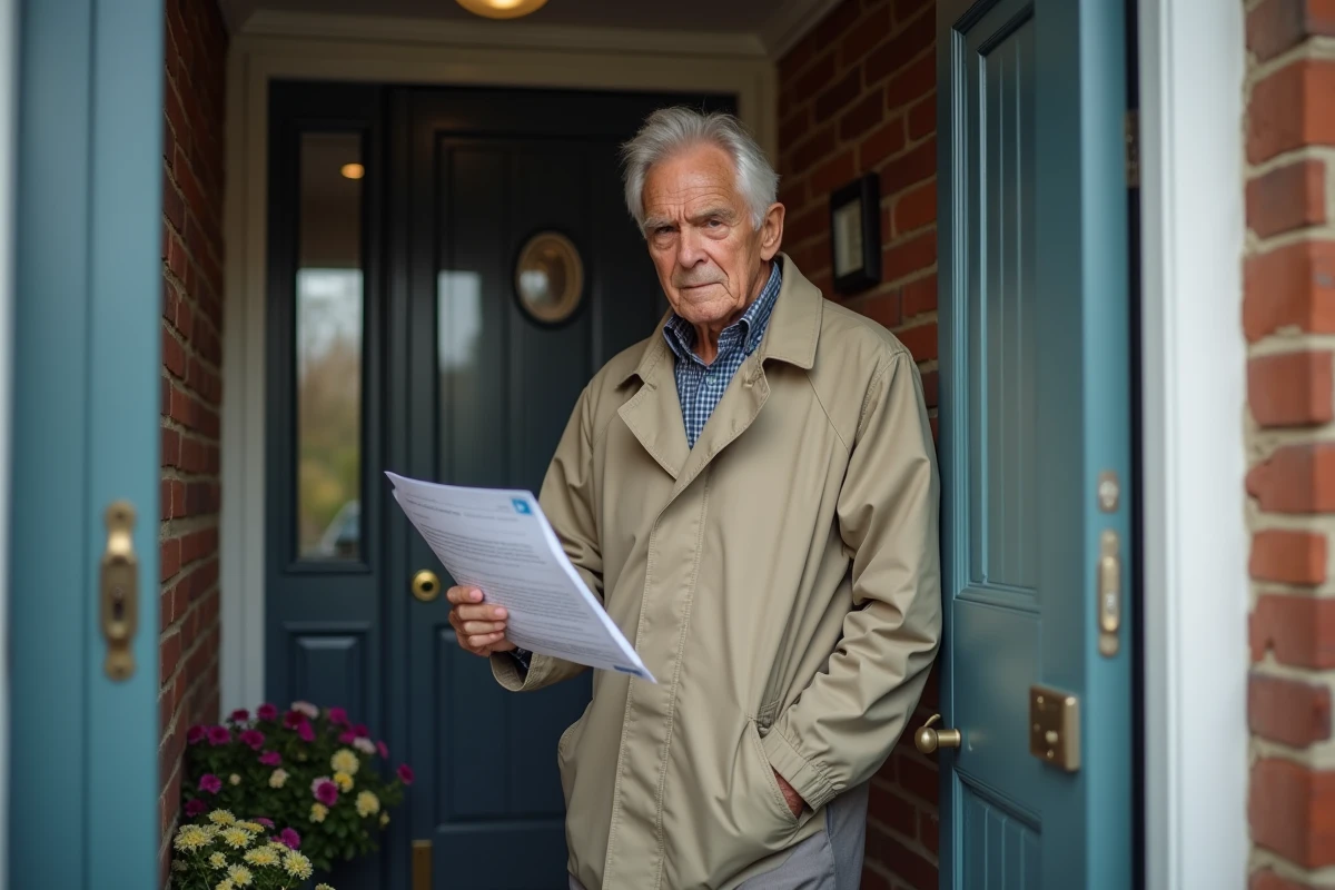 Un homme âgé à sa porte d'entrée tenant un prospectus de démarchage à domicile avec méfiance