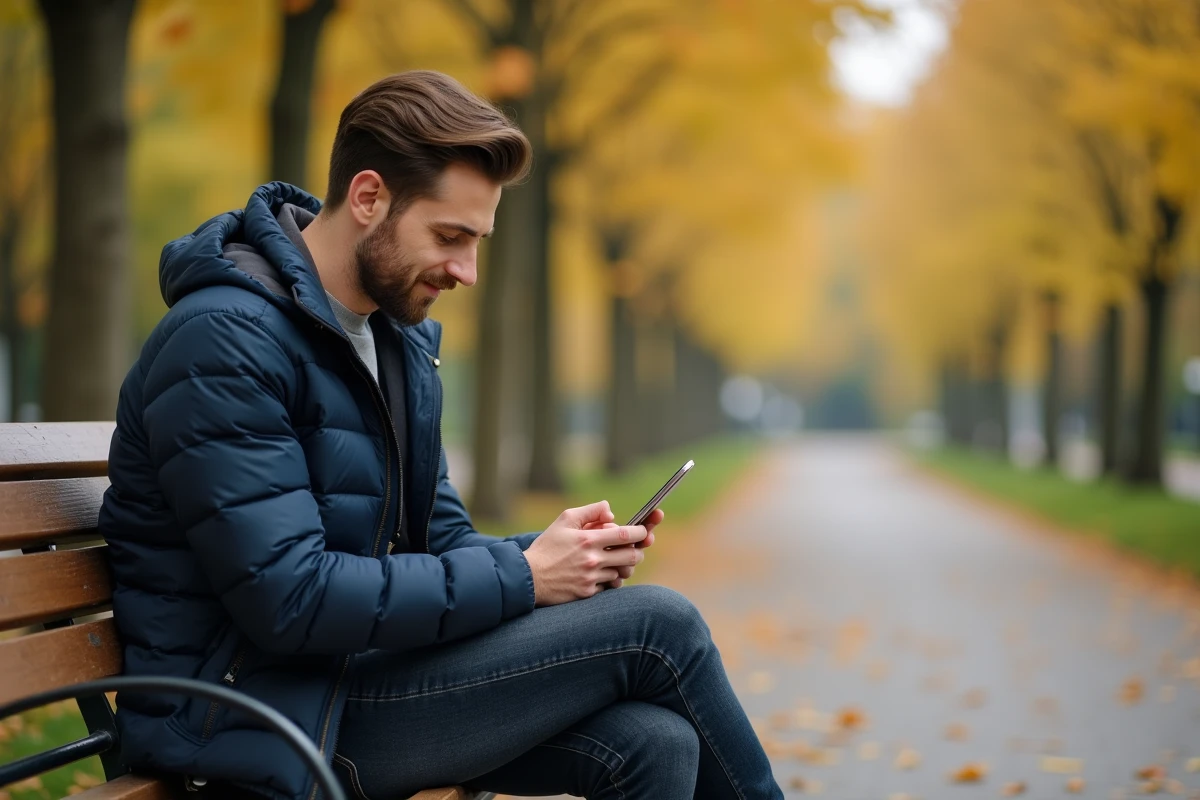 Jeune homme consultant un profil de rencontre bisexuel sur son téléphone dans un parc en automne