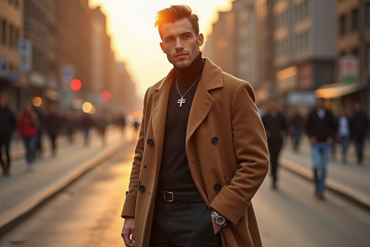Homme en manteau dans une rue urbaine au coucher de soleil