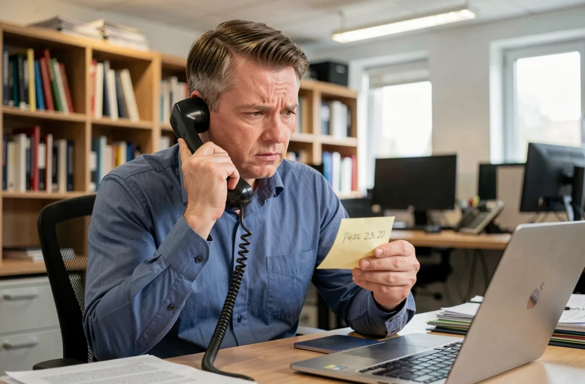 Homme au bureau vérifiant un numéro de téléphone inconnu sur une note manuscrite