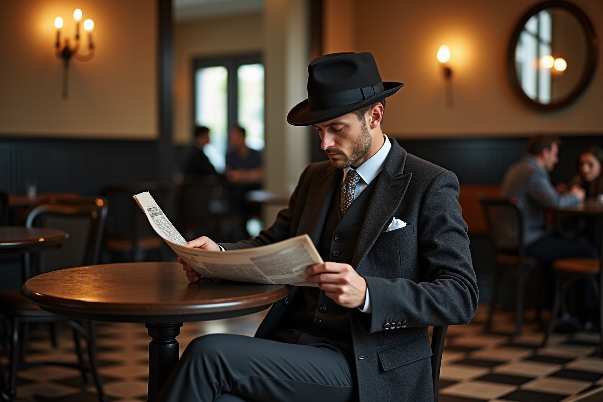 Homme en costume 1930s lisant au café intérieur