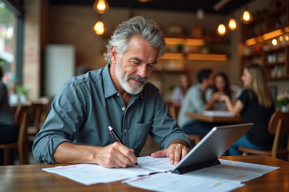 Homme au café travaillant sur des documents de traduction