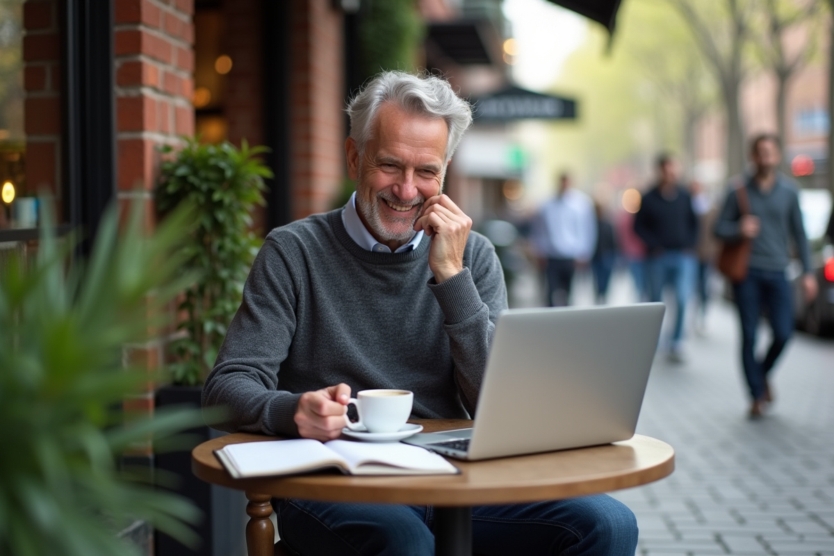 Homme travaillant au café avec ordinateur et tablette