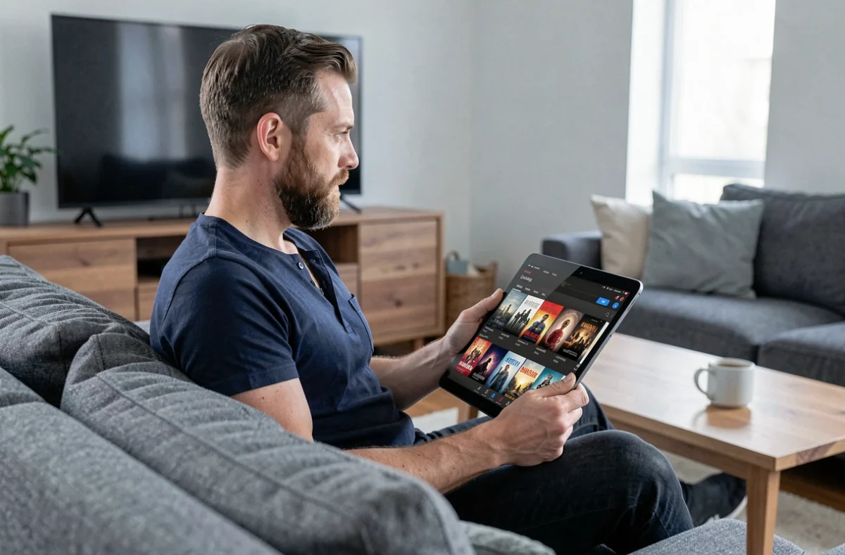 Homme parcourant un catalogue de films en ligne sur une tablette dans un salon moderne