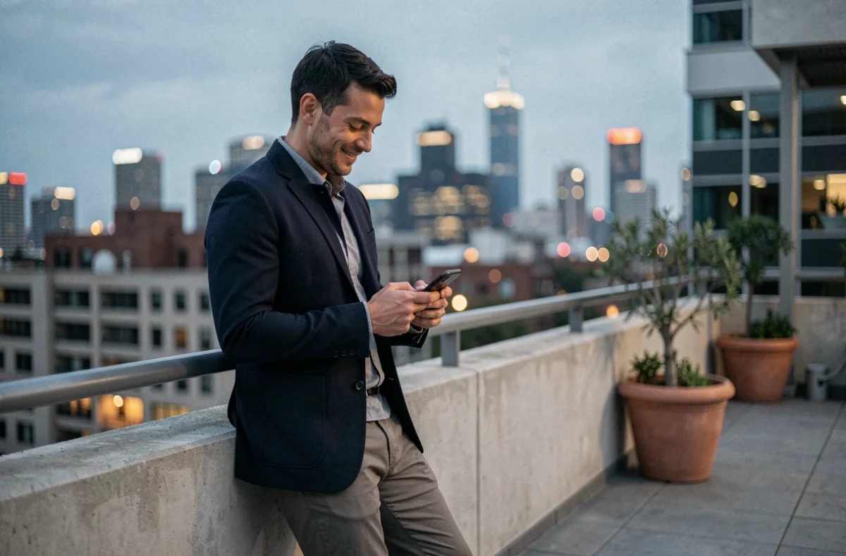 Homme célibataire dans la vingtaine consultant une application de rencontre sur une terrasse urbaine avec vue sur la ville