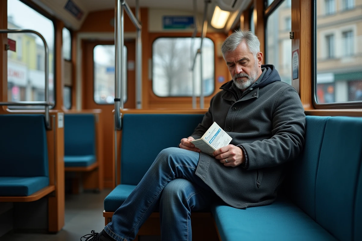 Homme lisant un guide horaire tram Grenoble en papier assis dans un tramway