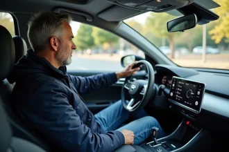 Homme d'âge moyen dans une voiture hybride en charge