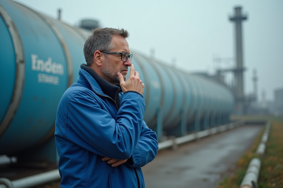 Homme industriel sniffant l air près d un réservoir d hydrogene
