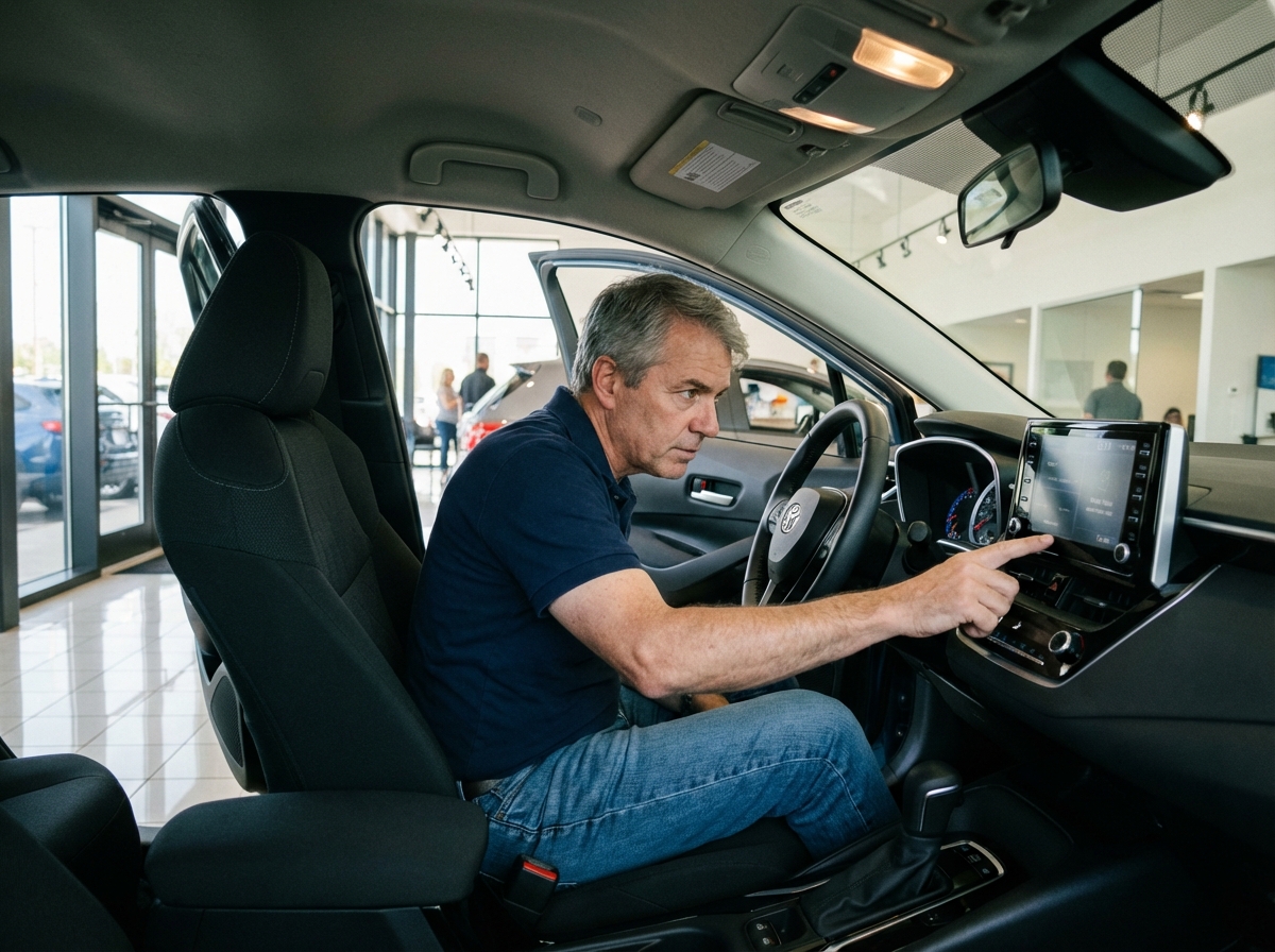Homme inspecte le tableau de bord d une voiture neuve