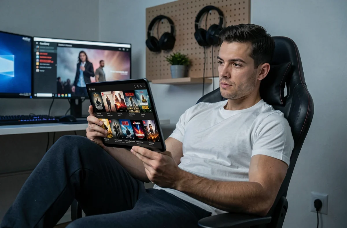 Homme naviguant sur une interface de streaming de films et séries sur tablette dans un bureau gaming moderne