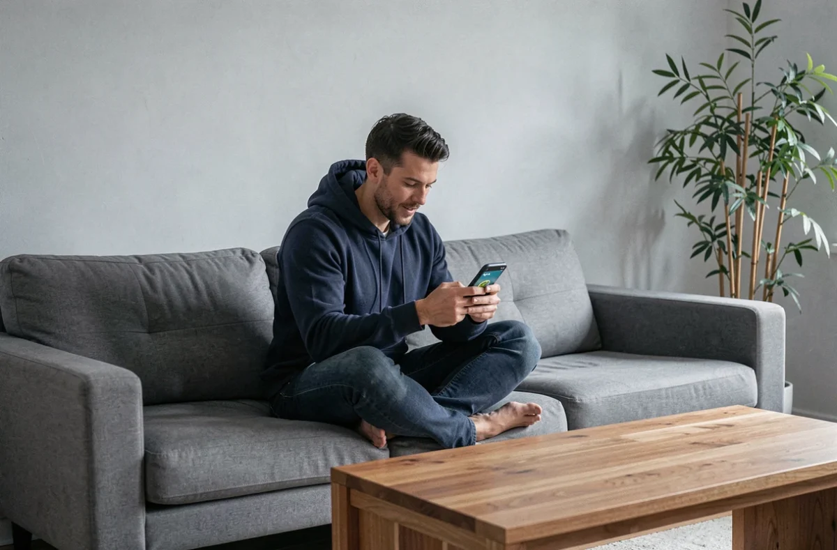 Homme jouant au jeu Google hors connexion sur smartphone en mode avion, assis dans un salon moderne avec décoration zen
