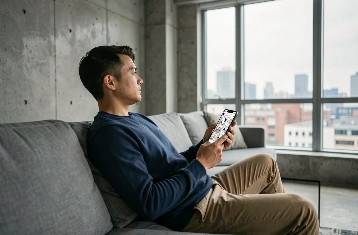 Jeune homme lisant un manga sur smartphone dans un appartement moderne avec vue sur la ville