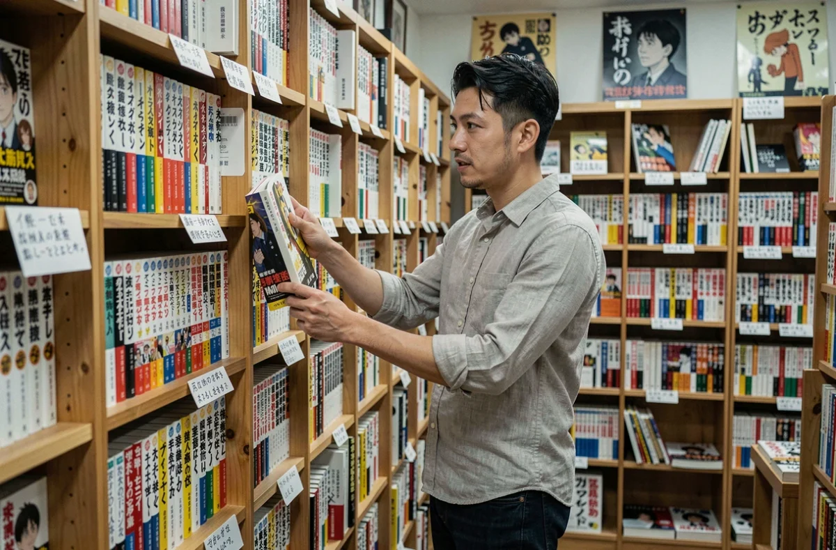 Homme parcourant des mangas dans une librairie indépendante spécialisée au décor japonais