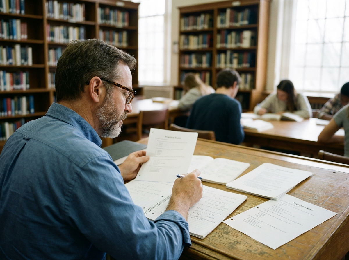Homme étudiant dans une bibliothèque avec notes et livres