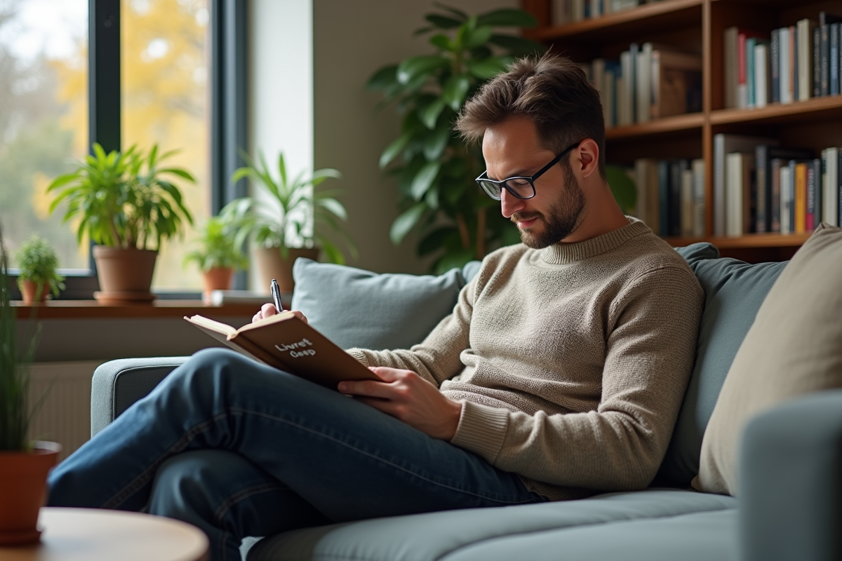 Homme lisant un livret et prenant des notes dans un salon cosy