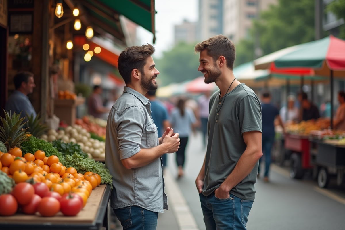 Jeune homme au marché en plein air avec client souriant