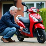 Guide d’achat pour un Dax 50cc d’occasion Homme examinant une moto Dax 50cc dans une cour extérieure