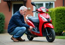 Homme examinant une moto Dax 50cc dans une cour extérieure