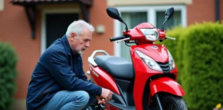 Homme examinant une moto Dax 50cc dans une cour extérieure