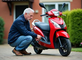 Guide d’achat pour un Dax 50cc d’occasion Homme examinant une moto Dax 50cc dans une cour extérieure