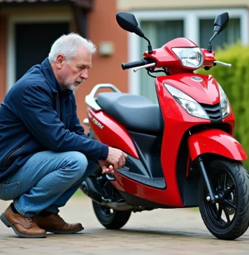 Guide d’achat pour un Dax 50cc d’occasion Homme examinant une moto Dax 50cc dans une cour extérieure