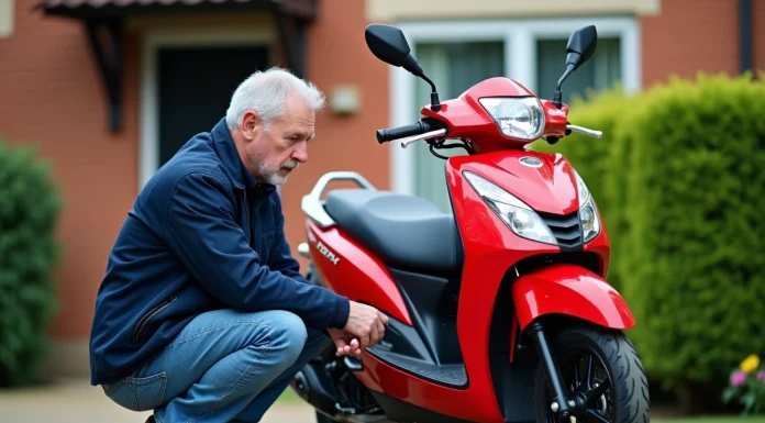 Guide d’achat pour un Dax 50cc d’occasion Homme examinant une moto Dax 50cc dans une cour extérieure