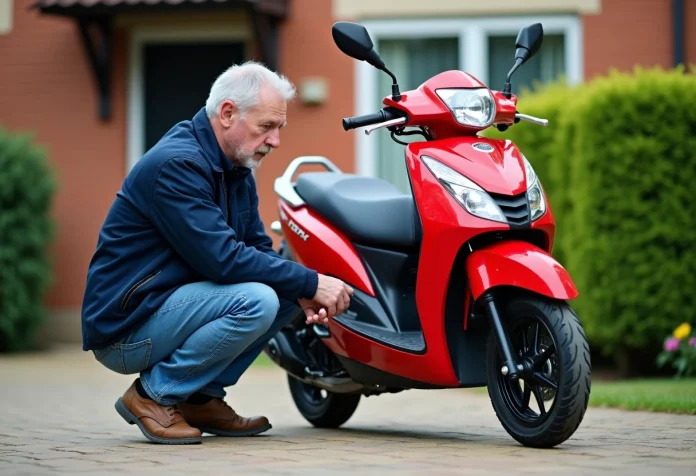 Homme examinant une moto Dax 50cc dans une cour extérieure