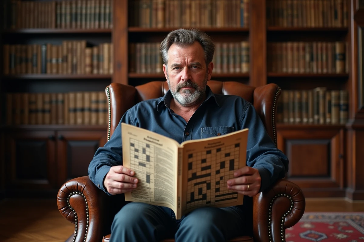 Homme dans un fauteuil en cuir lisant un magazine de mots fléchés dans une bibliothèque vintage avec des étagères en bois