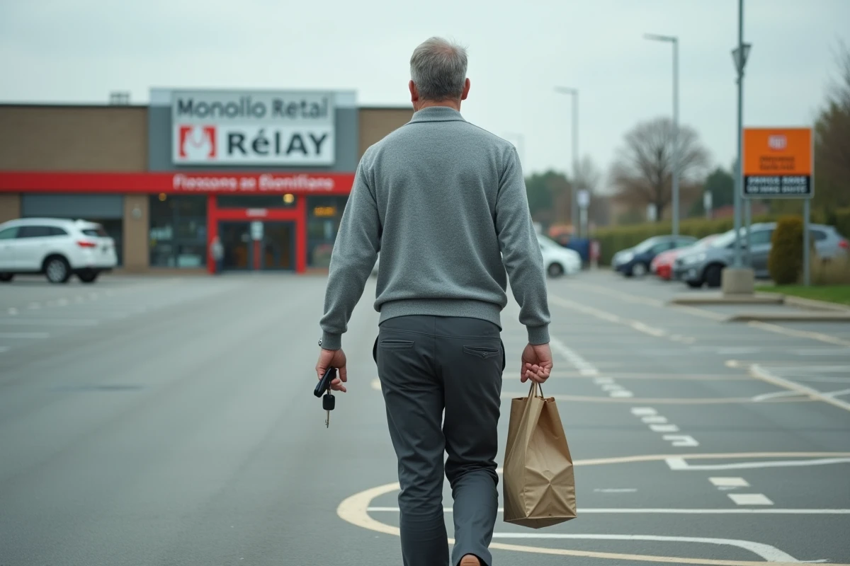 Homme marchant dans un parking de zone commerciale vers un point Mondial Relay bien indiqué