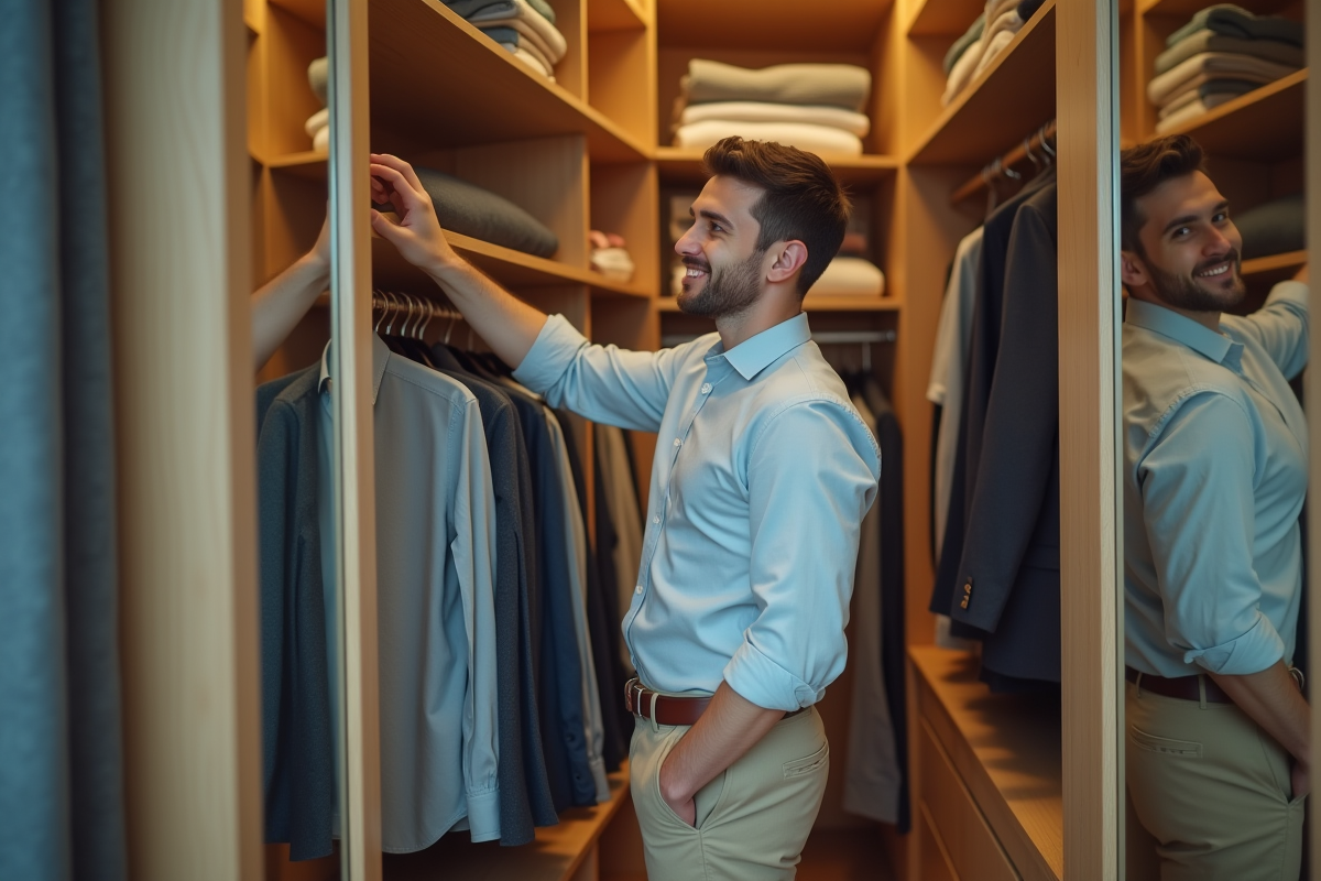 Jeune homme choisissant une cravate dans un placard organisé
