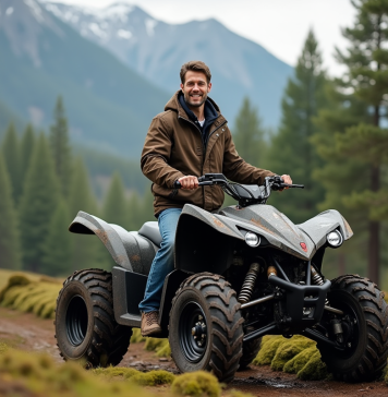 Homme en plein air avec quad en forêt verte
