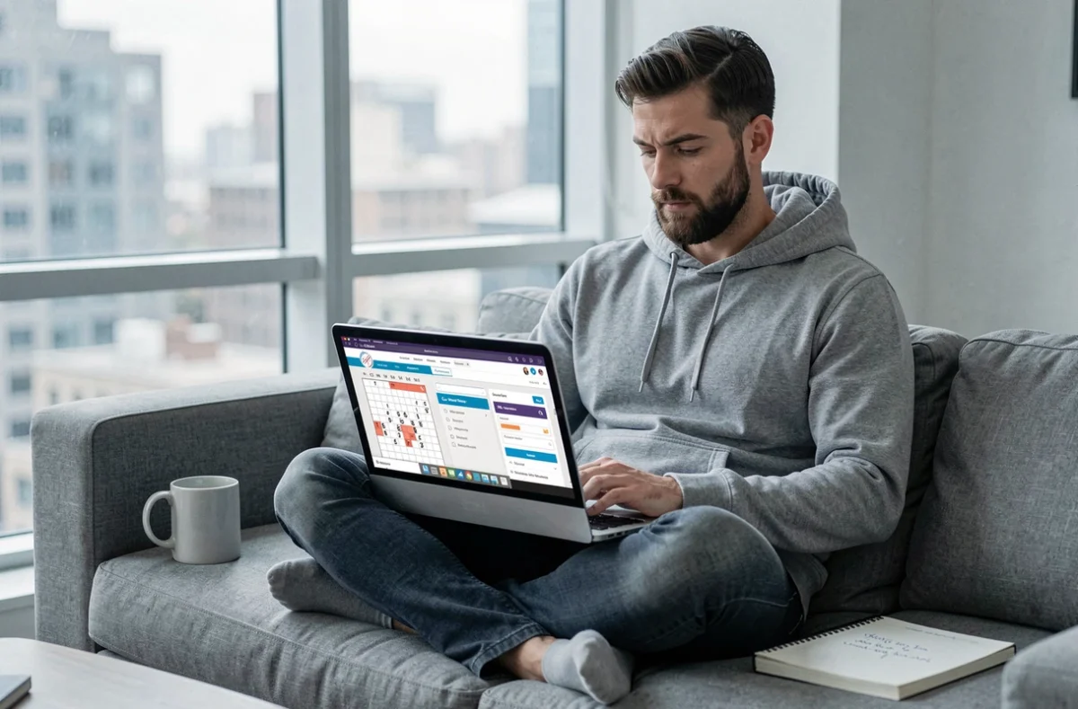Homme utilisant un outil en ligne de recherche de mots pour mots croisés sur un laptop à la maison