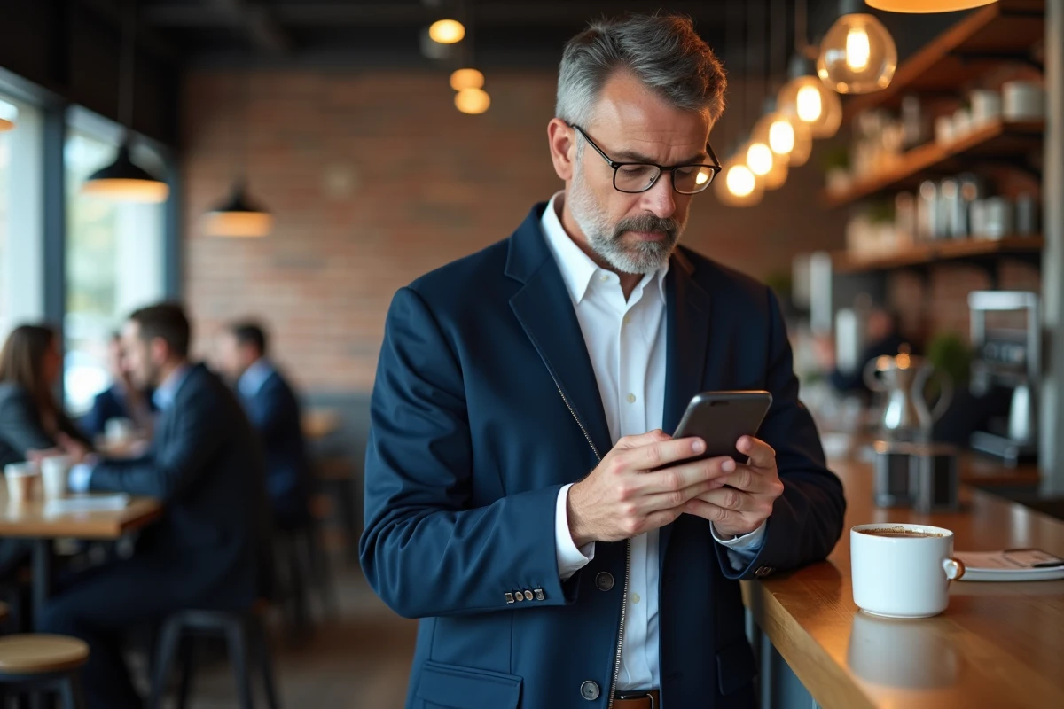 Homme en veste bleue cherchant l'identité d'un numéro inconnu sur son téléphone dans un café urbain
