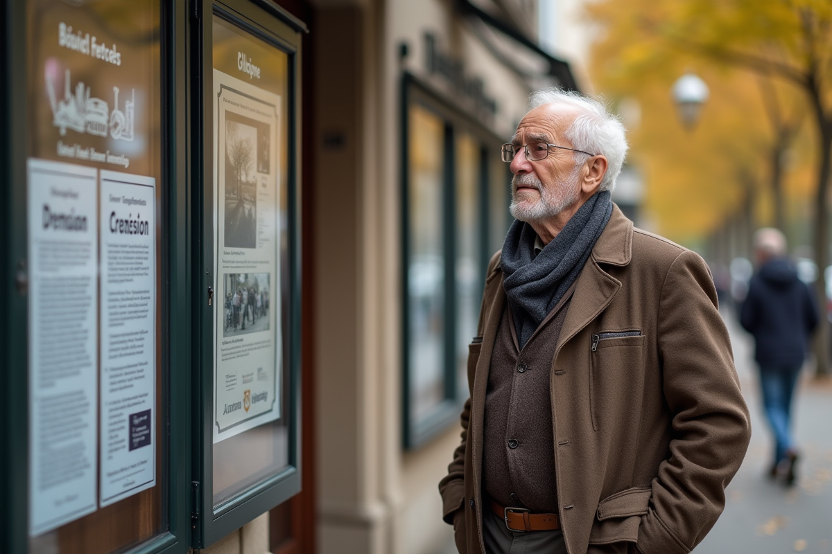 Homme retraité consulte panneau d annonces en ville