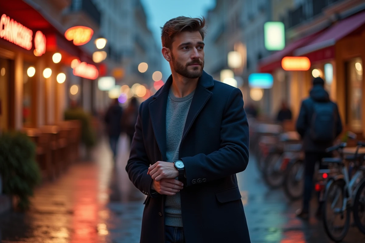 Homme célibataire dans une rue de ville la nuit regardant sa montre affichant 21h12, signe numérique amoureux