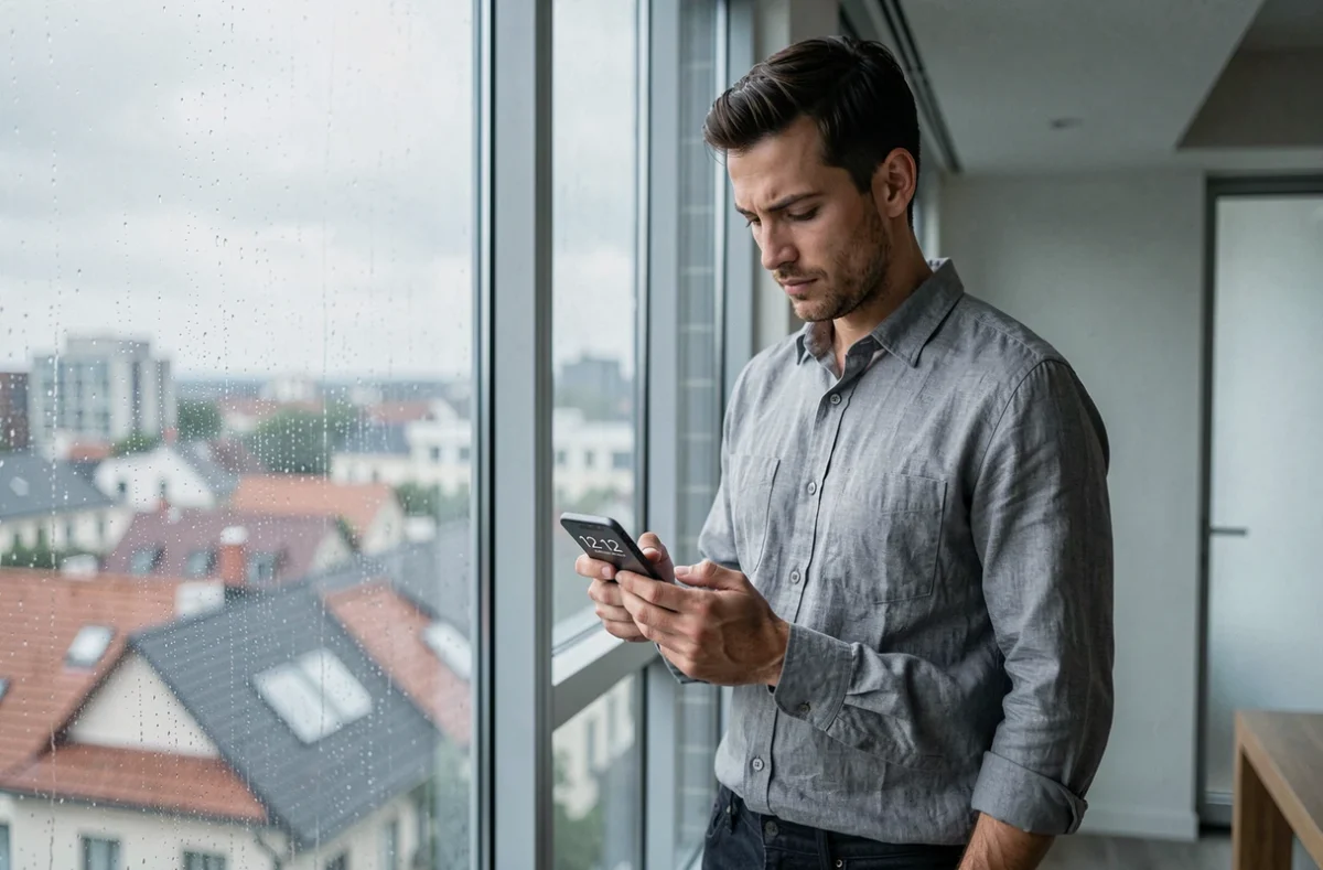 Homme tenant un smartphone affichant 12h12 près d'une fenêtre pluvieuse, illustration de l'heure miroir en période de doute