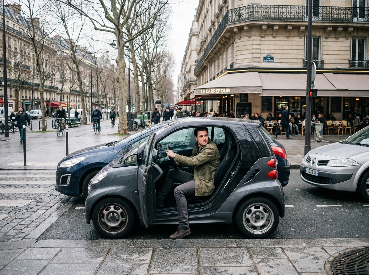 Homme se garant en créneau avec une petite voiture urbaine sur un boulevard parisien animé, arbres et café en arrière-plan