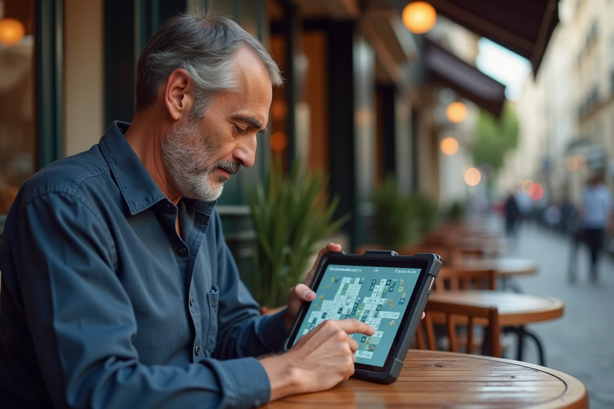 Homme jouant à 4 images 1 mot sur tablette dans un café parisien, recherche d'un mot de 9 lettres