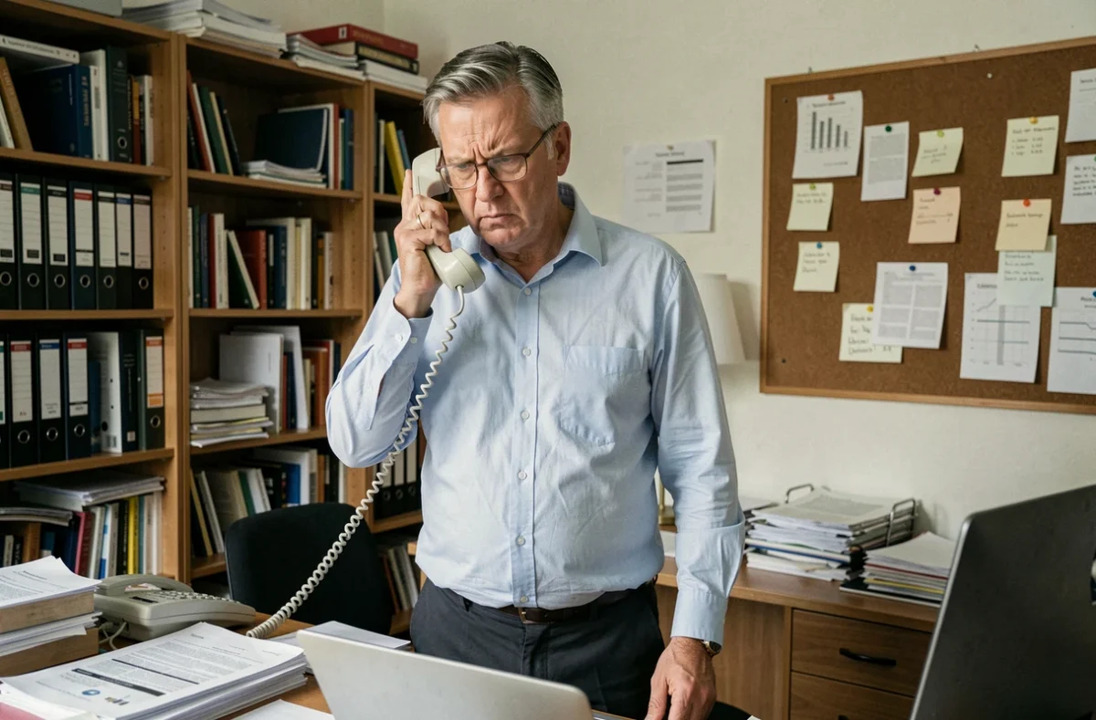 Homme sceptique au téléphone fixe dans son bureau, symbolisant le harcèlement téléphonique et les appels de démarchage