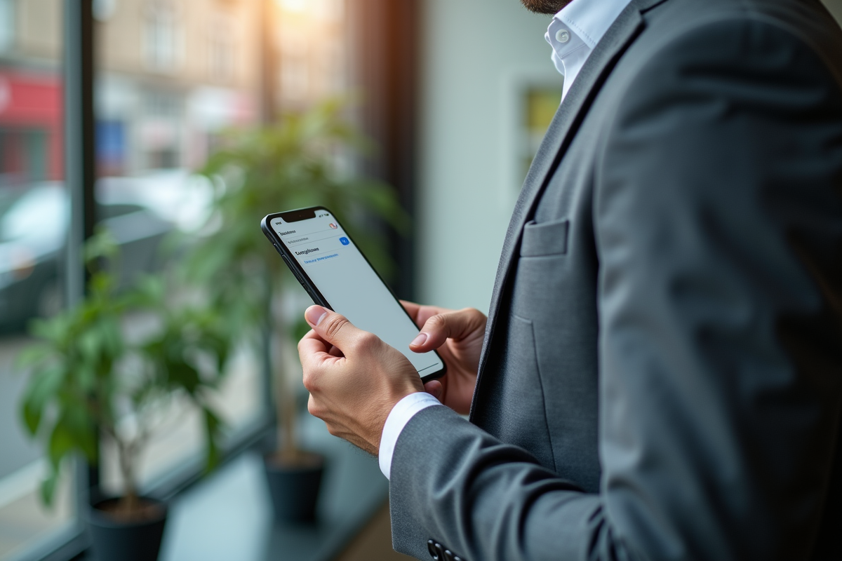 Homme d affaires traduisant texte sur smartphone