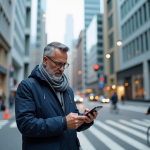 Caractéristiques de la zone urbaine : définition, analyse et exemples Homme d'âge moyen dans la ville vérifiant son smartphone