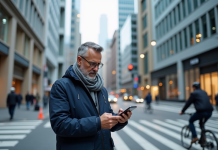 Caractéristiques de la zone urbaine : définition, analyse et exemples Homme d'âge moyen dans la ville vérifiant son smartphone
