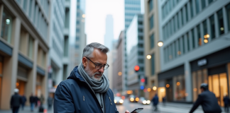 Caractéristiques de la zone urbaine : définition, analyse et exemples Homme d'âge moyen dans la ville vérifiant son smartphone