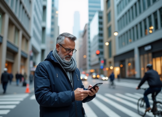 Homme d'âge moyen dans la ville vérifiant son smartphone