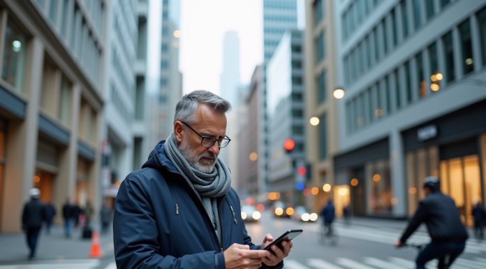 Caractéristiques de la zone urbaine : définition, analyse et exemples Homme d'âge moyen dans la ville vérifiant son smartphone