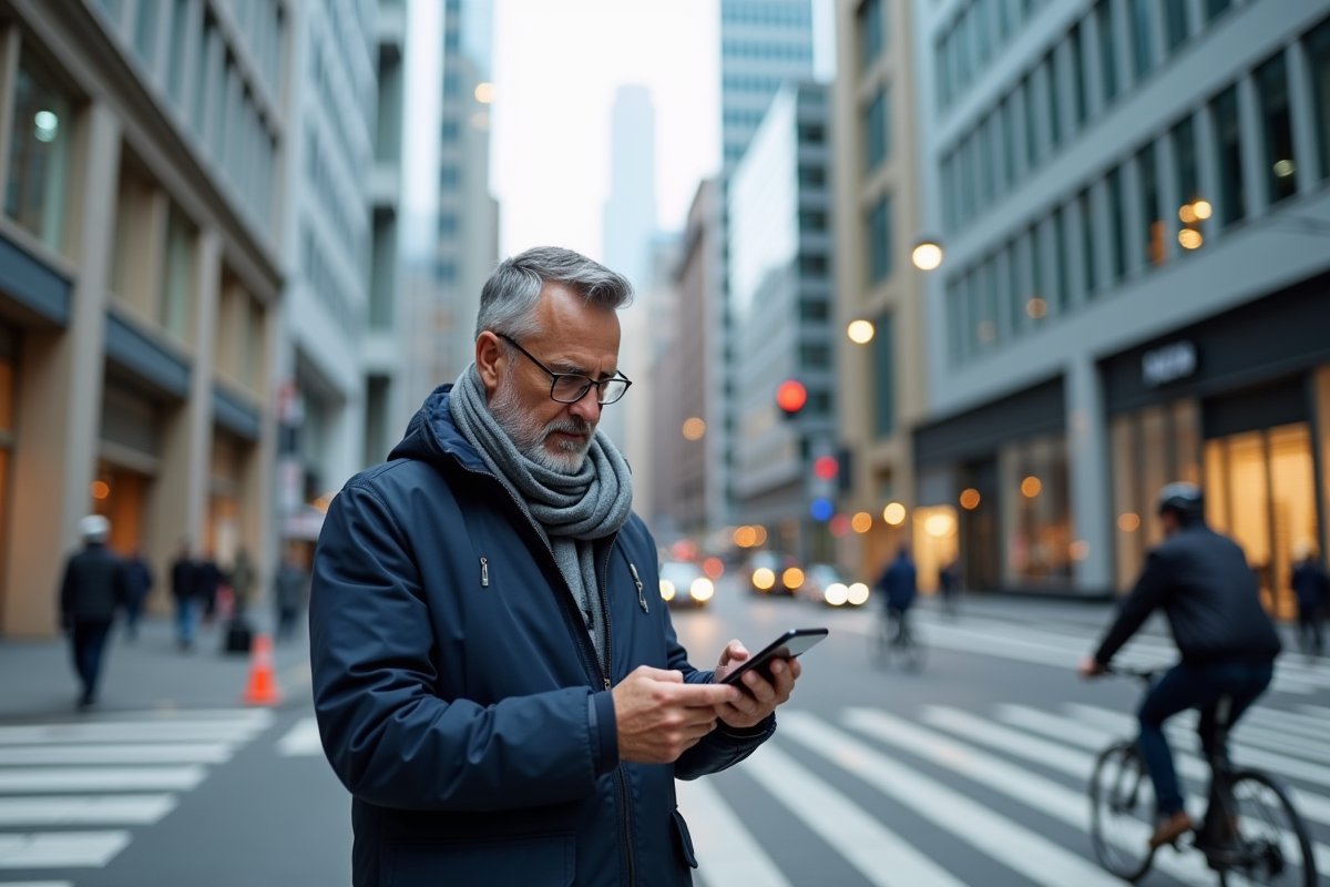 Homme d'âge moyen dans la ville vérifiant son smartphone
