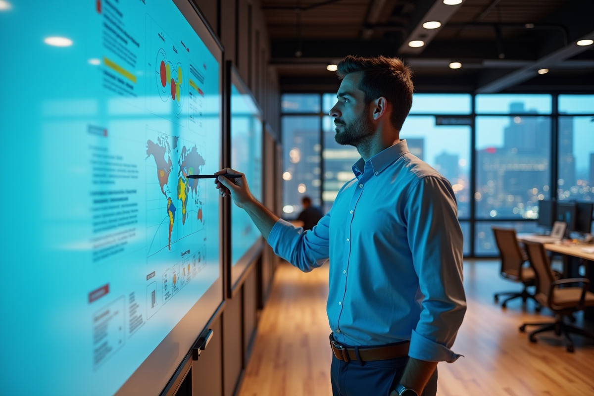 Homme en chemise annotant une infographie sur un tableau interactif